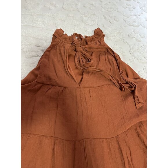 Tiered Rust Sleeveless Maxi Dress With Tie Back & Ruffled Neckline - Picture 5 of 7